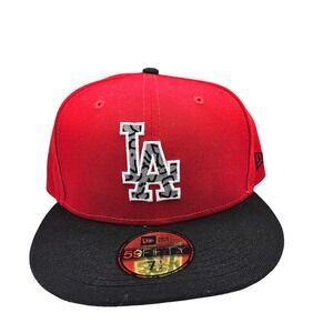 New Era 59FIFTY LA Dodgers Hat Red Black Elephant Print Fitted Size 7 1/2
